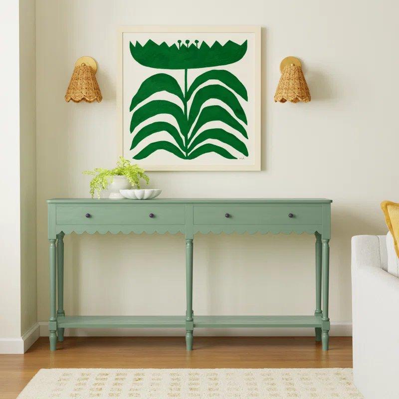 Yeşil Masif ve Endüstriyel Ahşap 2 Çekmeceli Raflı Oymalı Kenar Dresuar - 149x34x82 cm - 132774