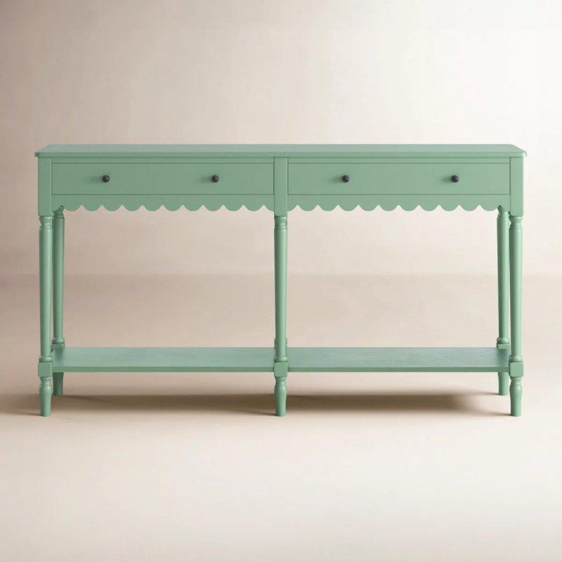 Yeşil Masif ve Endüstriyel Ahşap 2 Çekmeceli Raflı Oymalı Kenar Dresuar - 149x34x82 cm - 132774