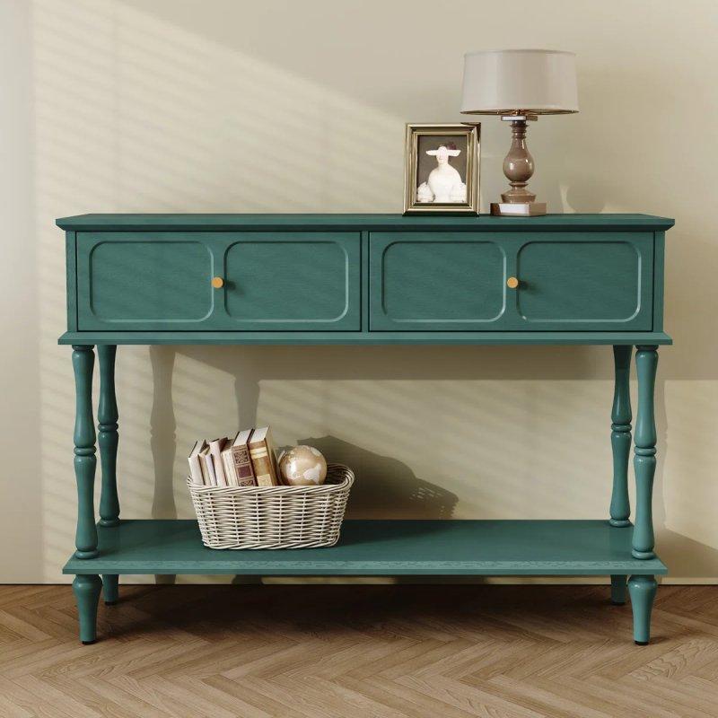 Yeşil Masif ve Endüstriyel Ahşap 2 Çekmeceli Raflı Parlak Yüzey Dresuar - 120x30x86 cm - 132656