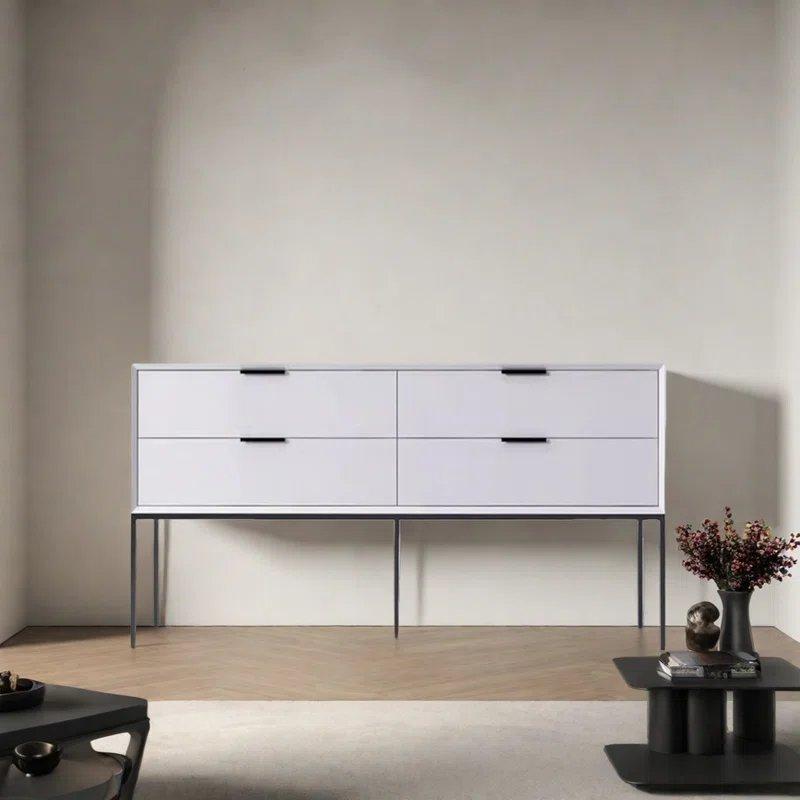 Yeşil Masif ve Endüstriyel Ahşap 4 Çekmeceli Metal Ayaklı Dresuar - 180x40x80 cm - 132549