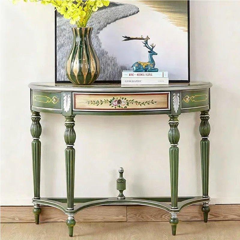 Yeşil Masif ve Endüstriyel Ahşap El Boyaması Çiçek Desenli Yarım Ay Dresuar - 110x46x87 cm - 132416