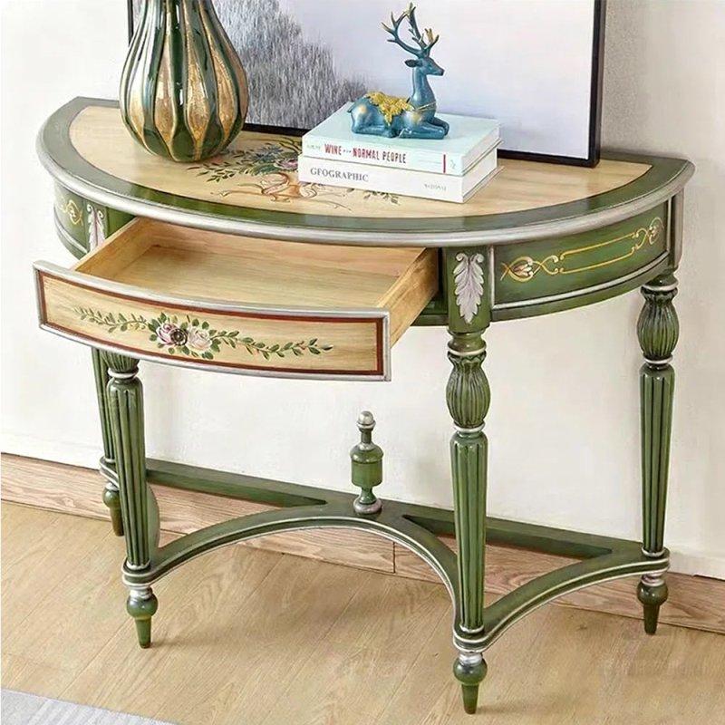 Yeşil Masif ve Endüstriyel Ahşap El Boyaması Çiçek Desenli Yarım Ay Dresuar - 110x46x87 cm - 132416