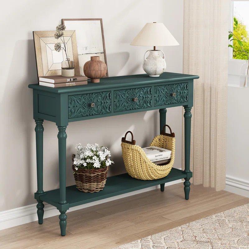 Yeşil MDF Oymalı 3 Çekmeceli Alt Raflı Dresuar - 107 cm - 132785
