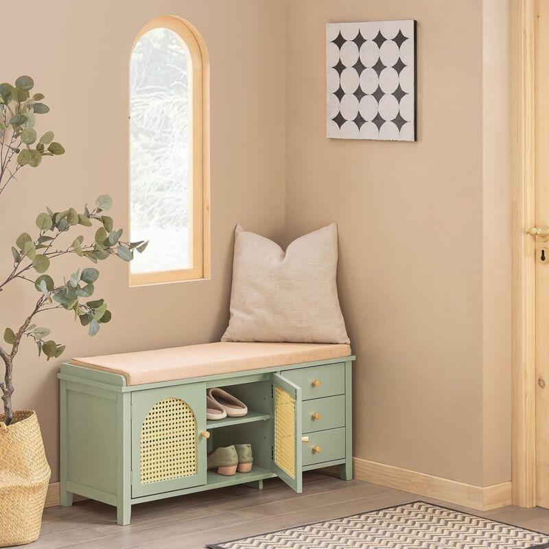 Yeşil MDF Rattan Detaylı Minderli ve Çekmeceli Ayakkabılık Bench-100x34x46 cm - 120323