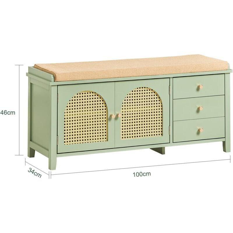 Yeşil MDF Rattan Detaylı Minderli ve Çekmeceli Ayakkabılık Bench-100x34x46 cm - 120323