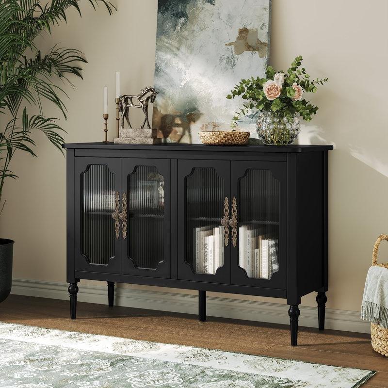 Yeşil MDF ve Masif Ahşap Ayaklı 4 Cam Kapaklı Bronz Kulplu Konsol - 122x40x81 cm - 129088
