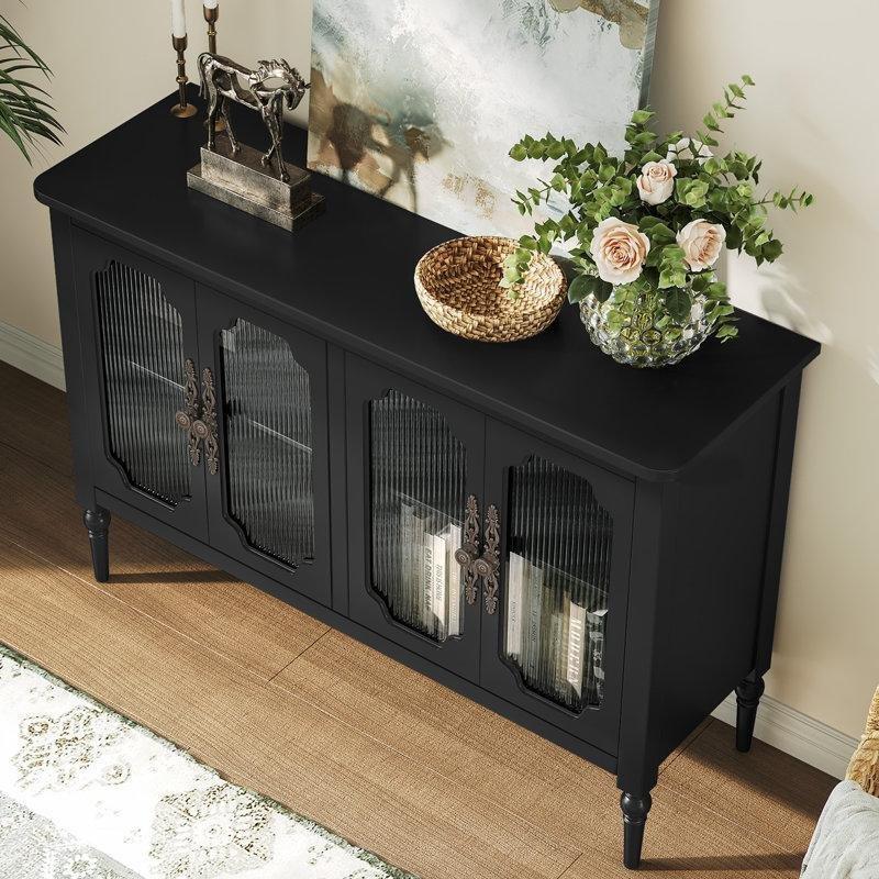 Yeşil MDF ve Masif Ahşap Ayaklı 4 Cam Kapaklı Bronz Kulplu Konsol - 122x40x81 cm - 129088