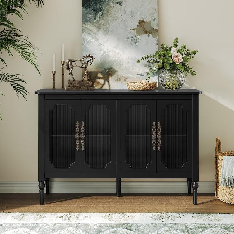 Yeşil MDF ve Masif Ahşap Ayaklı 4 Cam Kapaklı Bronz Kulplu Konsol - 122x40x81 cm - 129088