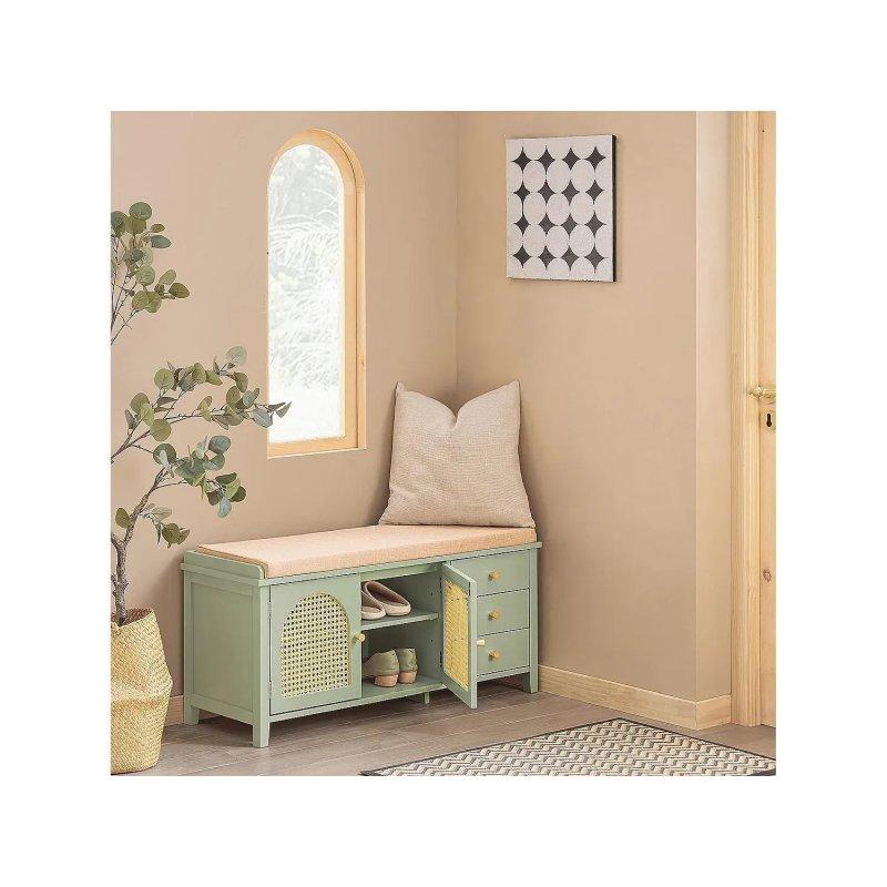 Yeşil MDF ve Rattan Detaylı Minderli Çekmeceli Oturaklı Ayakkabılık - 100x34x46 cm - 118294