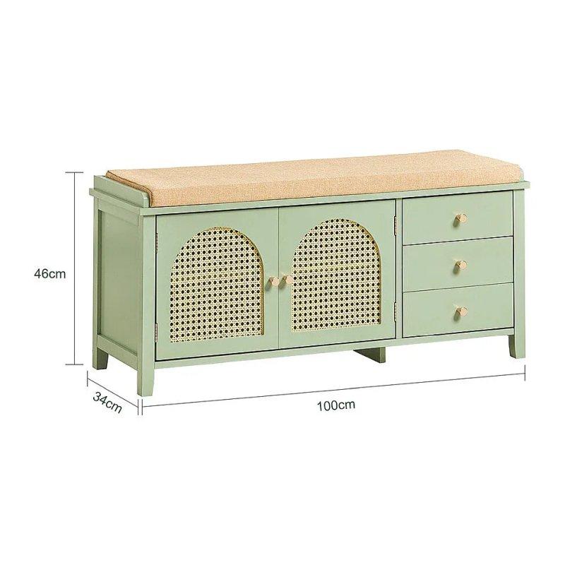 Yeşil MDF ve Rattan Detaylı Minderli Çekmeceli Oturaklı Ayakkabılık - 100x34x46 cm - 118294