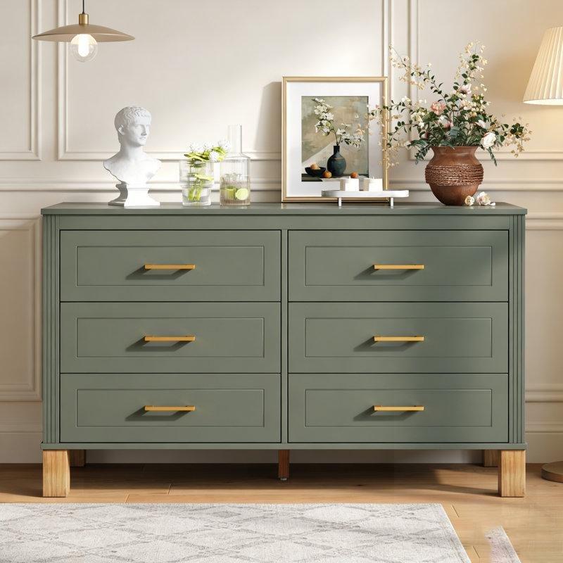 Zeytin Tonlu Masif Ahşap Ayaklı Gold Metal Kulplu 6 Çekmeceli Yeşil Şifonyer - 120x45x76 cm - 124068