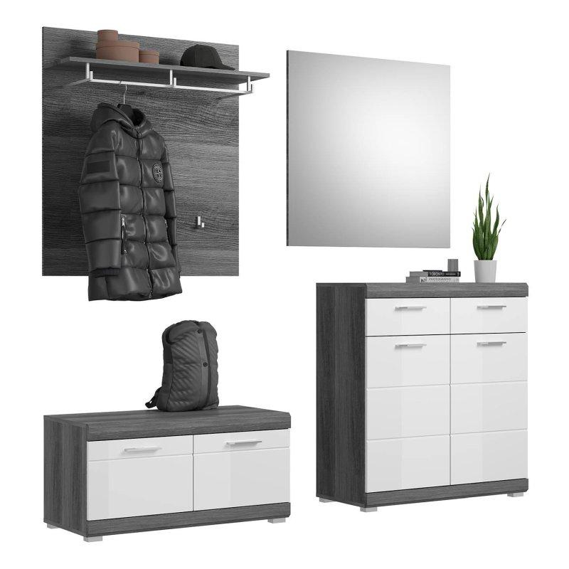 4 Parçalı Aynalı Oturaklı Çekmeceli Ahşap Portmanto Vestiyer Seti - 195x197x40 cm - 159175