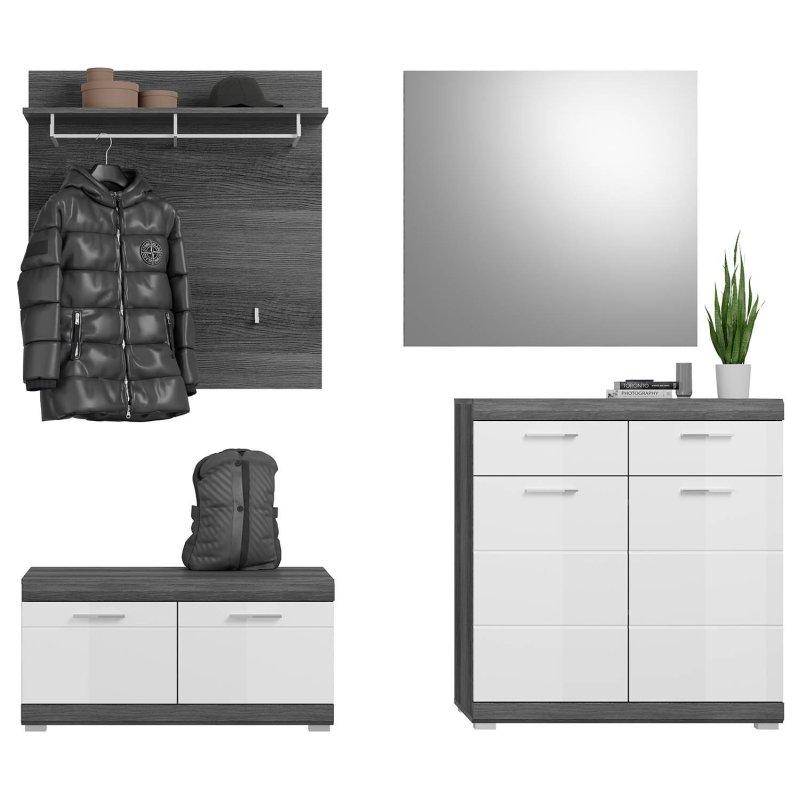 4 Parçalı Aynalı Oturaklı Çekmeceli Ahşap Portmanto Vestiyer Seti - 195x197x40 cm - 159175