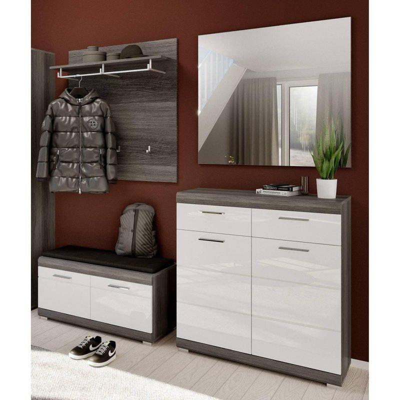 4 Parçalı Aynalı Oturaklı Çekmeceli Ahşap Portmanto Vestiyer Seti - 195x197x40 cm - 159175