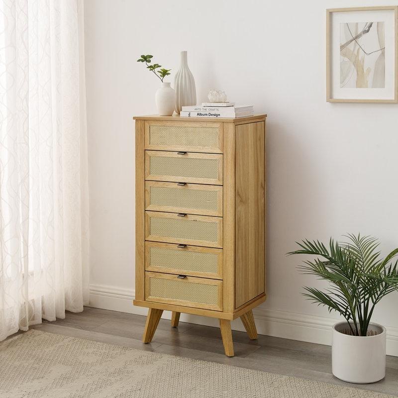 Açık Ahşap Rengi Hasır Detaylı Aynalı 5 Çekmeceli Ayaklı Takı Dolabı - 50 cm - 145182