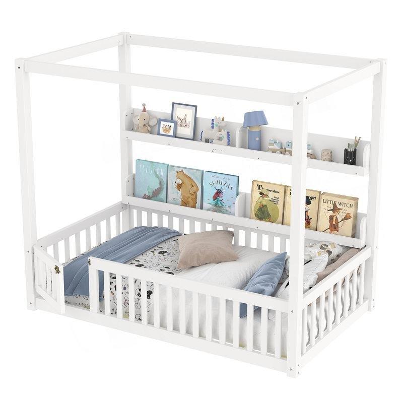 Açık Beyaz Masif Ahşap Raflı ve Çatılı Montessori Karyola - 106x200x149 cm - 142639