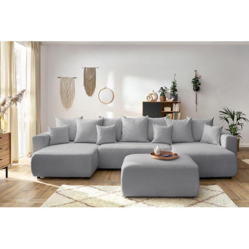 Açık Gri Buklet Kumaş Yataklı Sandıklı Puflu Panoramik Köşe Koltuk - 153931