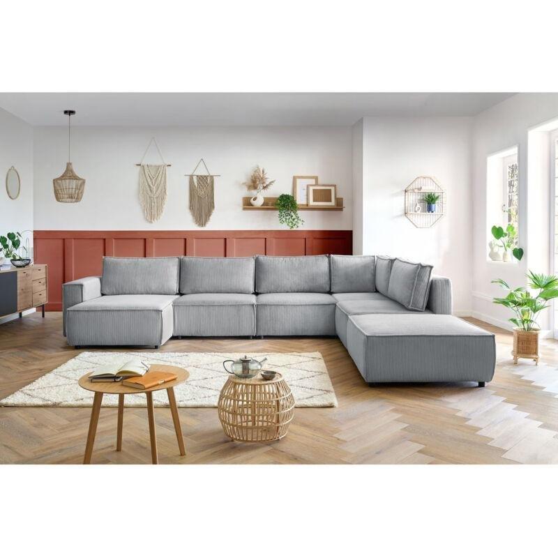 Açık Gri Fitilli Kadife Kumaş Modüler Puflu XL Köşe Koltuk Takımı - 411x300 cm - 152419