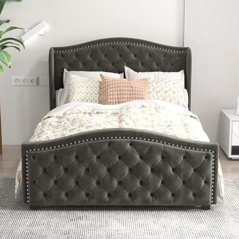 Açık Gri Kadife Döşemeli 4 Çekmeceli Kapitoneli Karyola - 143x198 cm - 143518