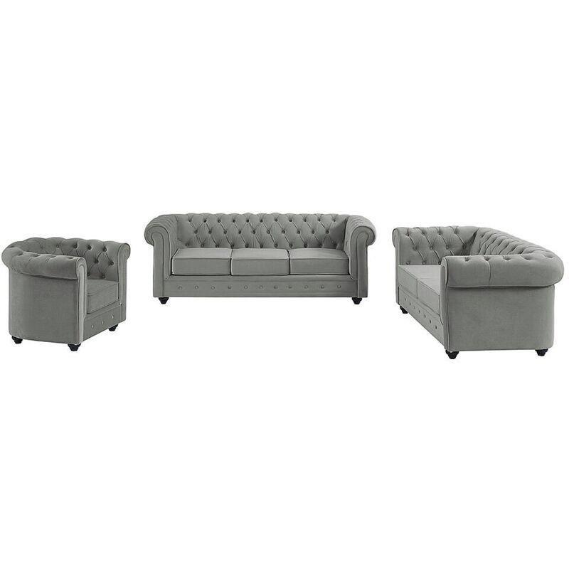 Açık Gri Kadife Kapitoneli Chesterfield Koltuk - 205x88 cm - 152291