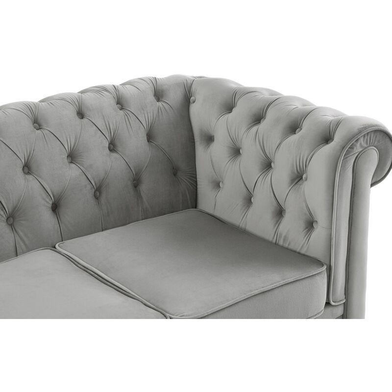 Açık Gri Kadife Kapitoneli Chesterfield Tasarım Üçlü Koltuk - 205x88x72 cm - 152242