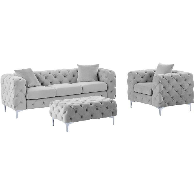 Açık Gri Kadife Kapitoneli Metal Ayaklı Chesterfield Koltuk Takımı - 220x91 cm - 152574