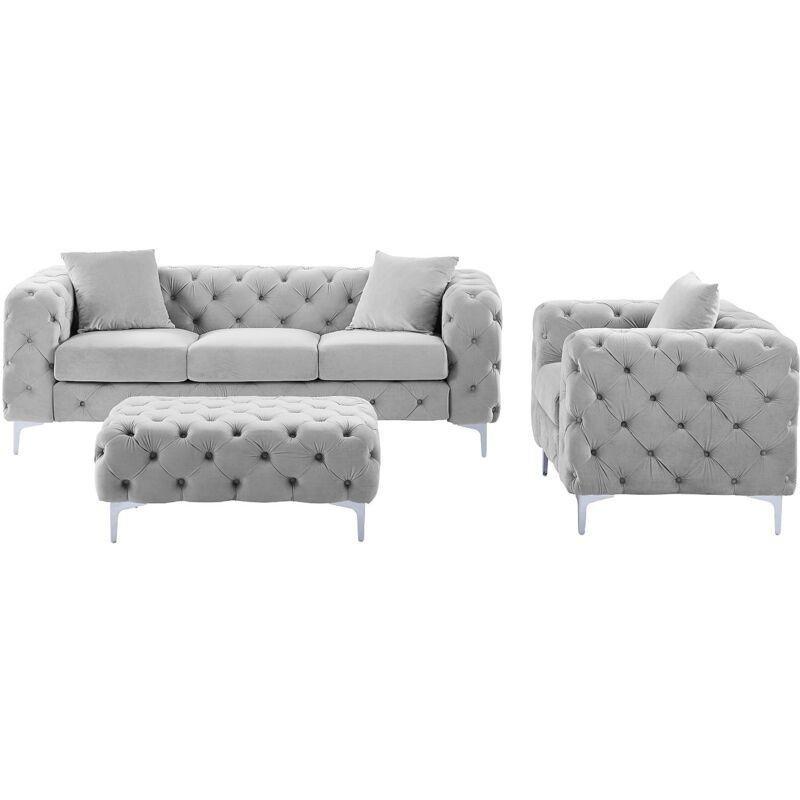 Açık Gri Kadife Kapitoneli Metal Ayaklı Chesterfield Koltuk Takımı - 220x91 cm - 152574