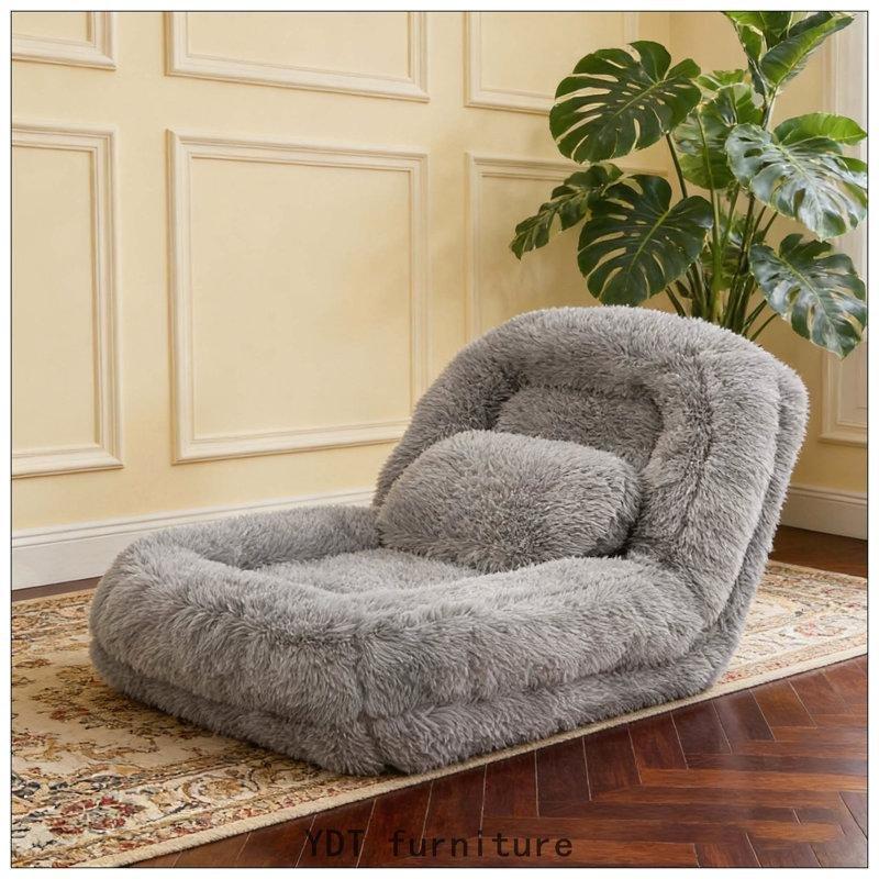 Açık Gri Pelüş Kumaş 5 Kademeli Ayarlanabilir Yatağa Dönüşebilen Puf Koltuk - 176x89 cm - 157393