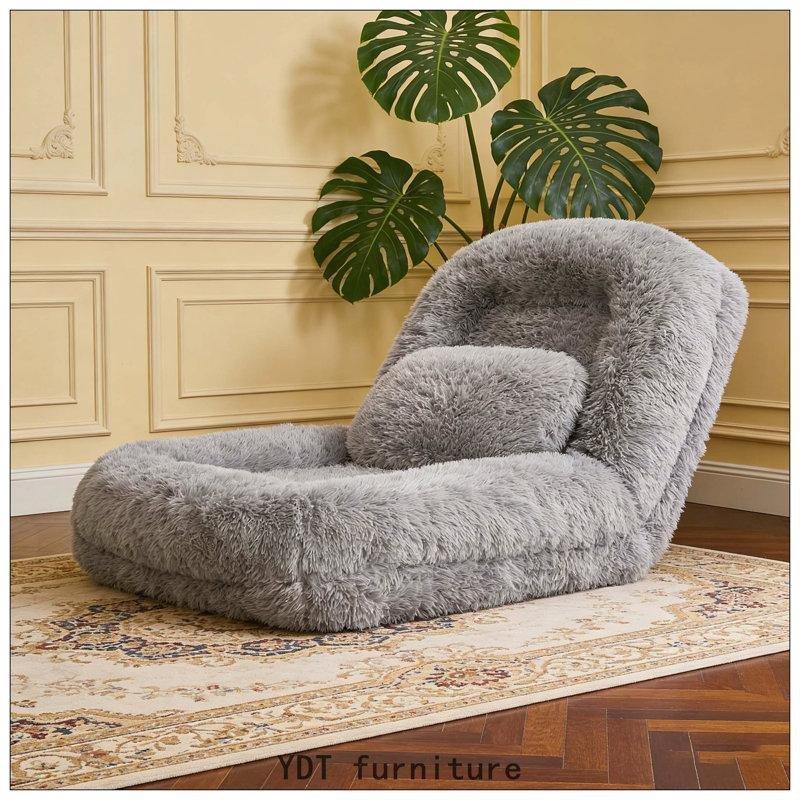 Açık Gri Pelüş Kumaş 5 Kademeli Ayarlanabilir Yatağa Dönüşebilen Puf Koltuk - 176x89 cm - 157393