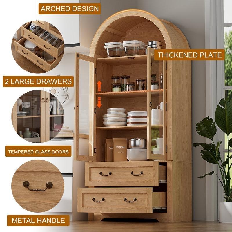 Açık Kahverengi MDF Kemerli Cam Kapaklı Çekmeceli Vitrin - Gümüşlük - 181 cm - 156877