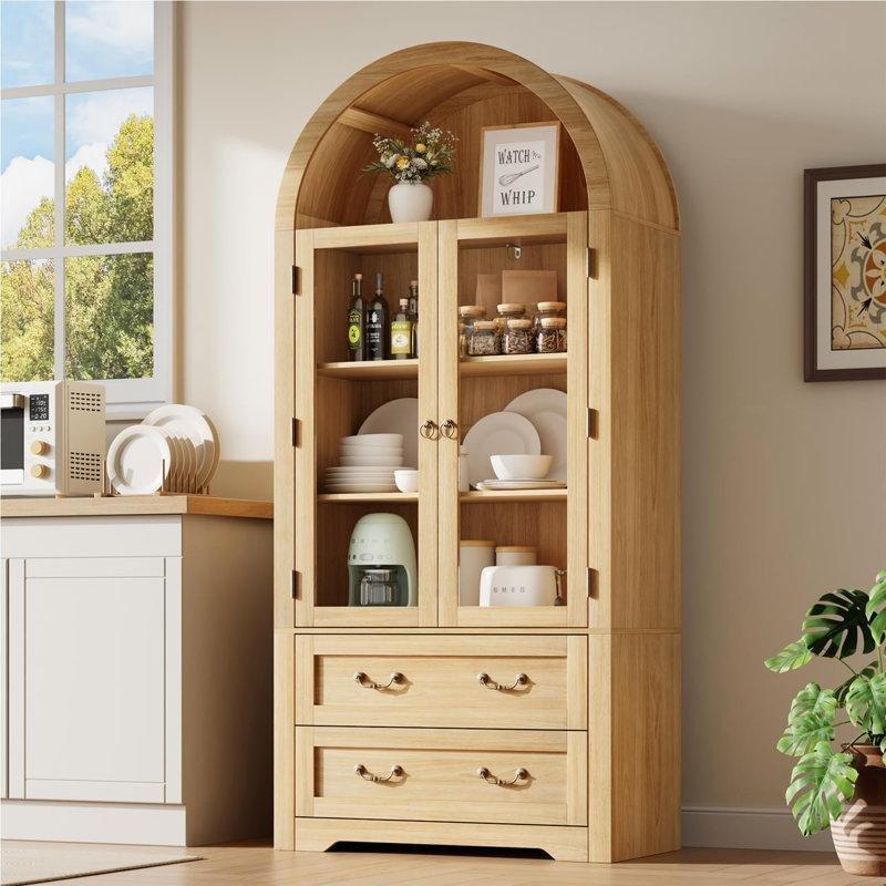Açık Kahverengi MDF Kemerli Cam Kapaklı Çekmeceli Vitrin - Gümüşlük - 181 cm - 156877