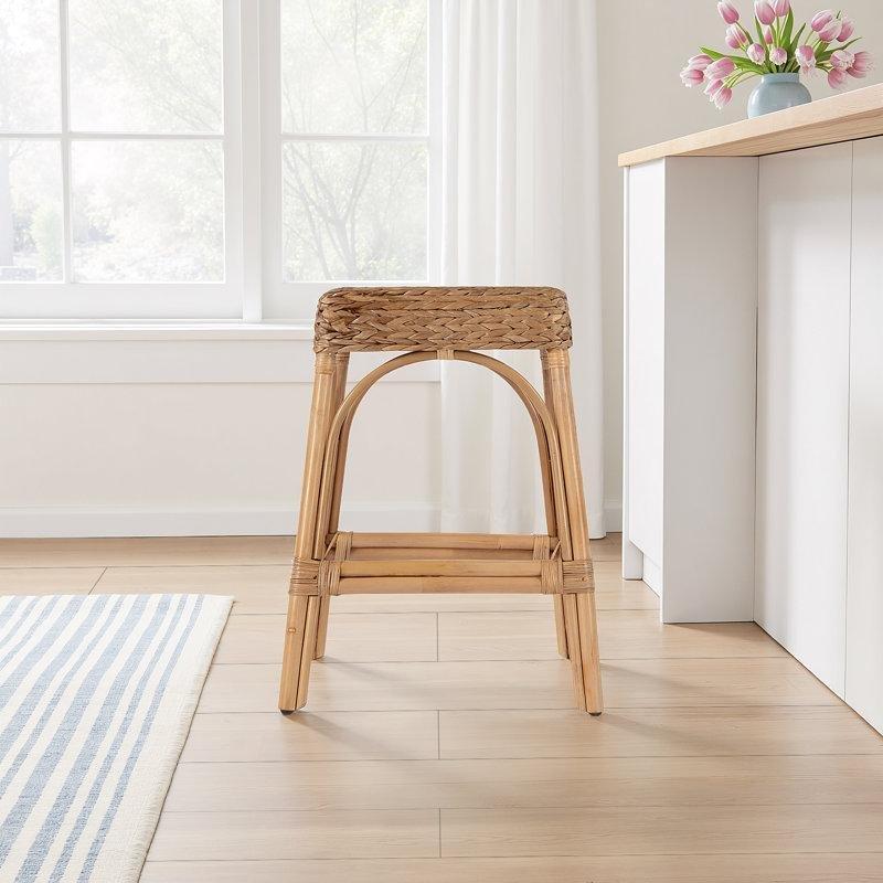 Açık Kahverengi Rattan El Yapımı Sırtlıksız Hasır Bar Sandalyesi - 63 cm - 148233