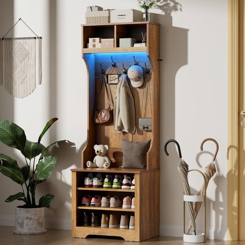 Açık Kahverengi Suntalam LED Işıklı Oturaklı Ayakkabılıklı Portmanto Vestiyer - 60 cm - 159724