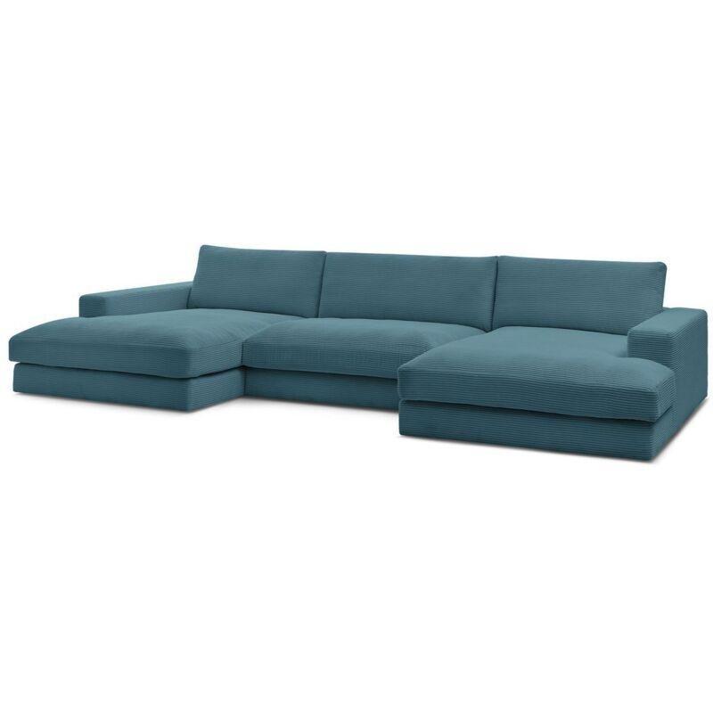 Açık Mavi Kadife Fitilli 6 Kişilik Panoramik Köşe Koltuk Takımı - 349 cm - 153955