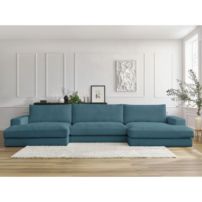 Açık Mavi Kadife Fitilli 6 Kişilik Panoramik Köşe Koltuk Takımı - 349 cm - 153955