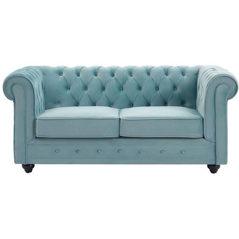 Açık Mavi Kadife Kapitoneli Ahşap Ayaklı Chesterfield İkili Koltuk - 168 cm - 152218