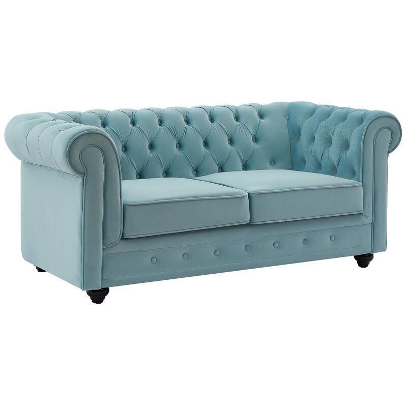 Açık Mavi Kadife Kapitoneli Ahşap Ayaklı Chesterfield İkili Koltuk - 168 cm - 152218