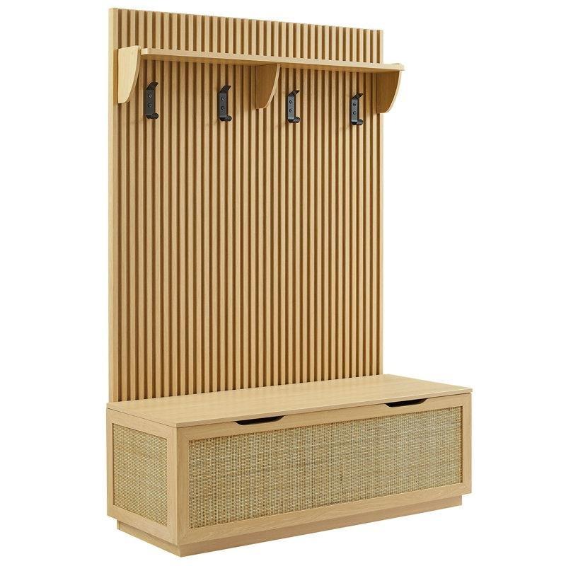 Açık Meşe Rattan Detaylı Oturaklı Raflı 4 Askılı Yivli Portmanto Vestiyer - 159610