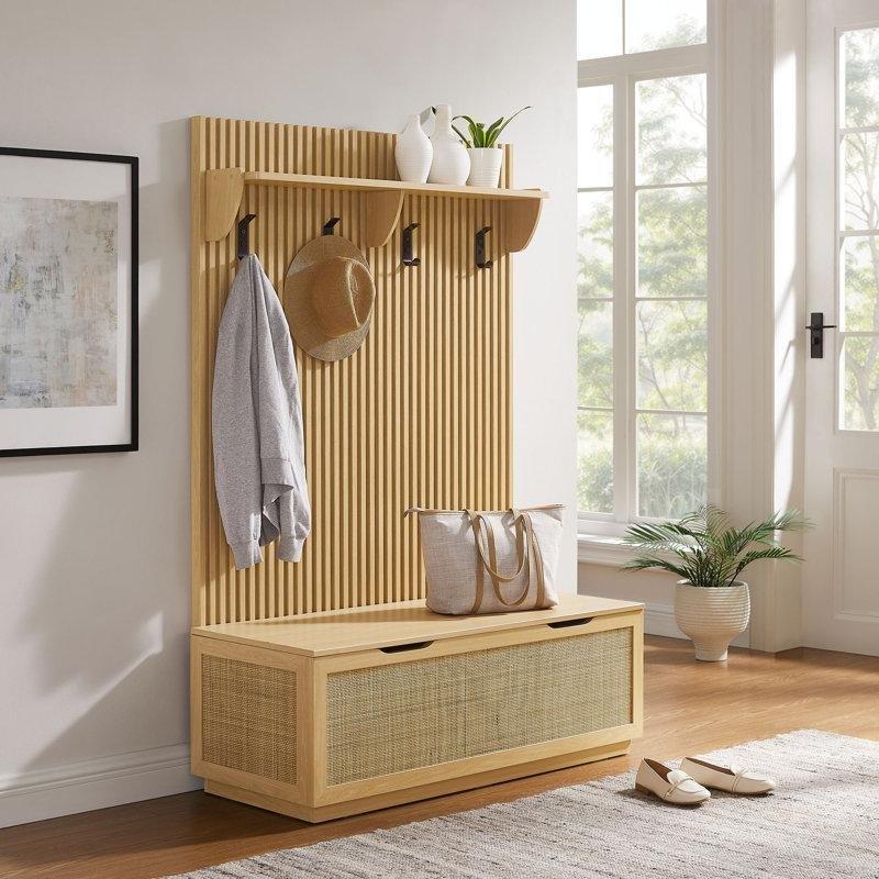Açık Meşe Rattan Detaylı Oturaklı Raflı 4 Askılı Yivli Portmanto Vestiyer - 159610