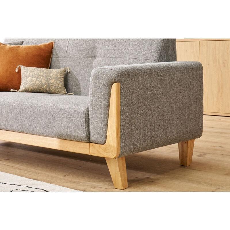 Açık Renk Ahşap ve Gri Kumaş İskandinav Tasarım 3 Kişilik Koltuk - 184 cm - 153390