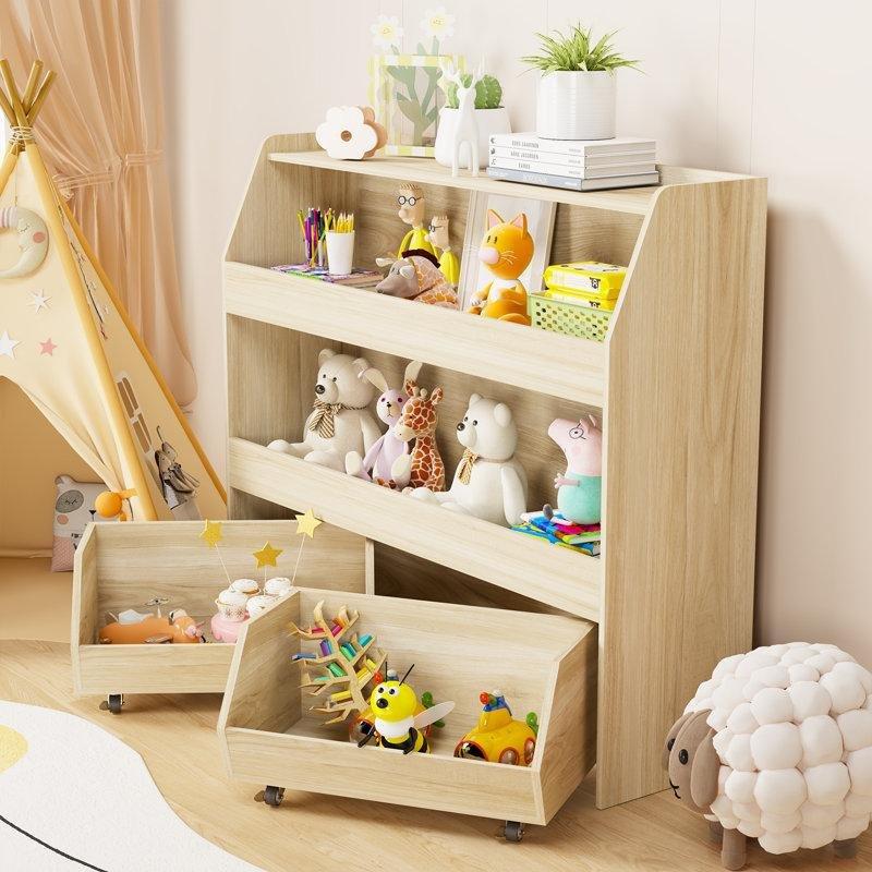 Açık Renk Endüstriyel Ahşap 3 Katlı Tekerlekli Çekmeceli Raflı Oyuncak Dolabı - 103x30x90 cm - 150033