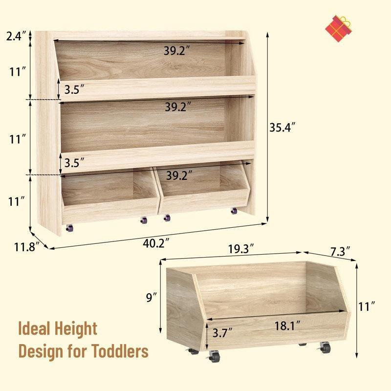 Açık Renk Endüstriyel Ahşap 3 Katlı Tekerlekli Çekmeceli Raflı Oyuncak Dolabı - 103x30x90 cm - 150033