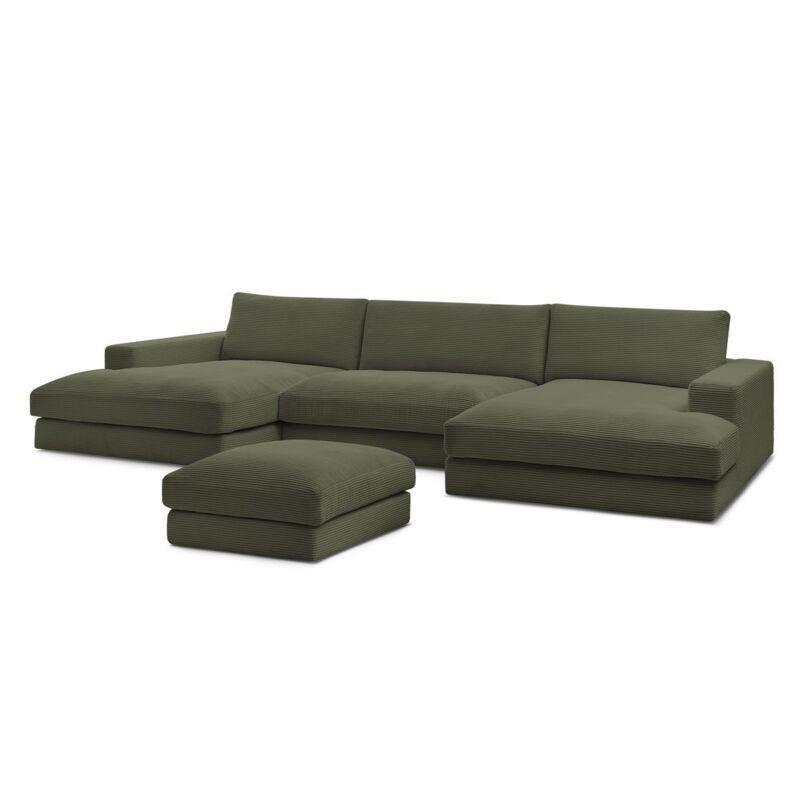 Açık Yeşil Fitilli Kadife Puflu Panoramik U Köşe Koltuk Takımı - 349x159 cm - 153951