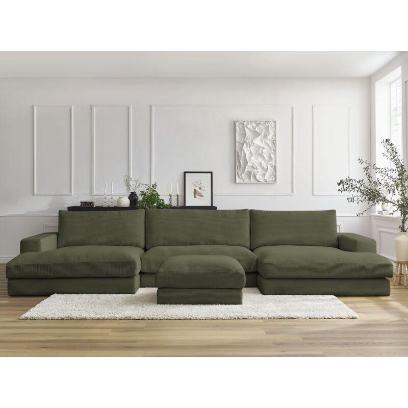 Açık Yeşil Fitilli Kadife Puflu Panoramik U Köşe Koltuk Takımı - 349x159 cm - 153951