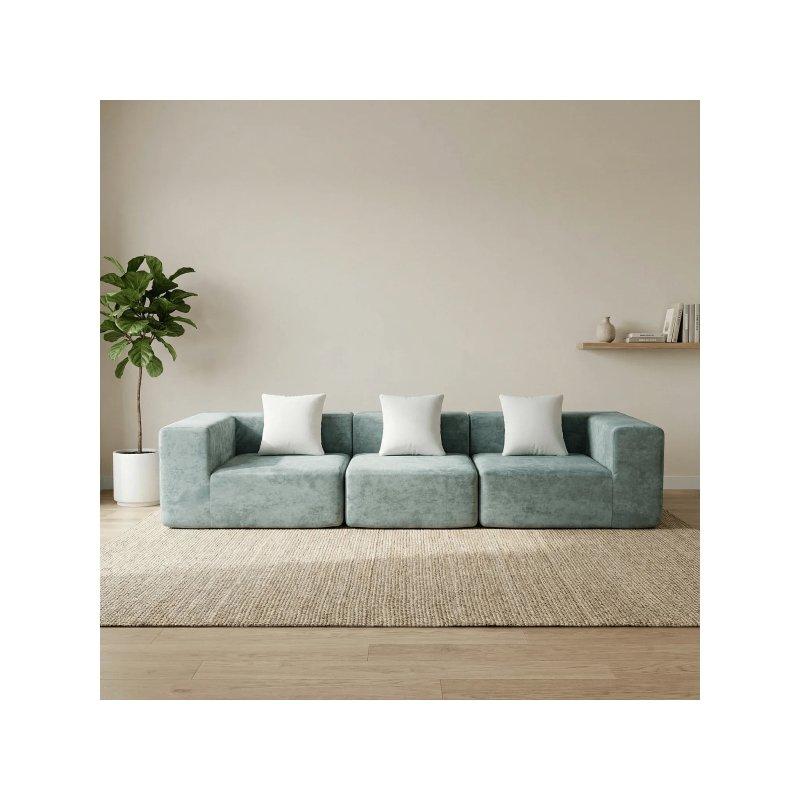 Adaçayı ve Beyaz Flanel Kumaş Minimalist 3 Kişilik Koltuk - 300 cm - 155497