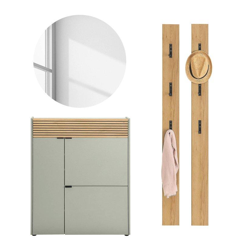 Adaçayı Yeşili ve Navarra Dekoru Sunta 4 Parça Aynalı Komodinli Portmanto Vestiyer Seti - 158875