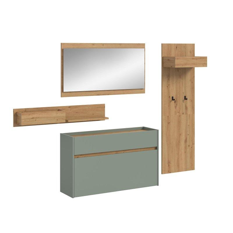 Adaçayı Yeşili ve Zanaatkar Dekor Yonga Levha 4 Parçalı Aynalı Portmanto Vestiyer - 192 cm - 159028