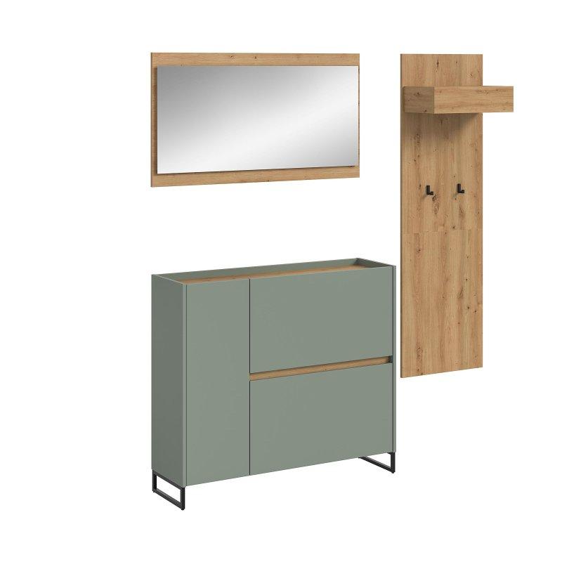 Adaçayı Yeşili Yonga Levha 3 Parçalı Aynalı Metal Ayaklı Portmanto Vestiyer Seti - 192 cm - 158851