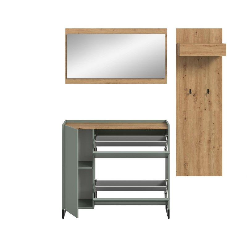 Adaçayı Yeşili Yonga Levha 3 Parçalı Aynalı Metal Ayaklı Portmanto Vestiyer Seti - 192 cm - 158851