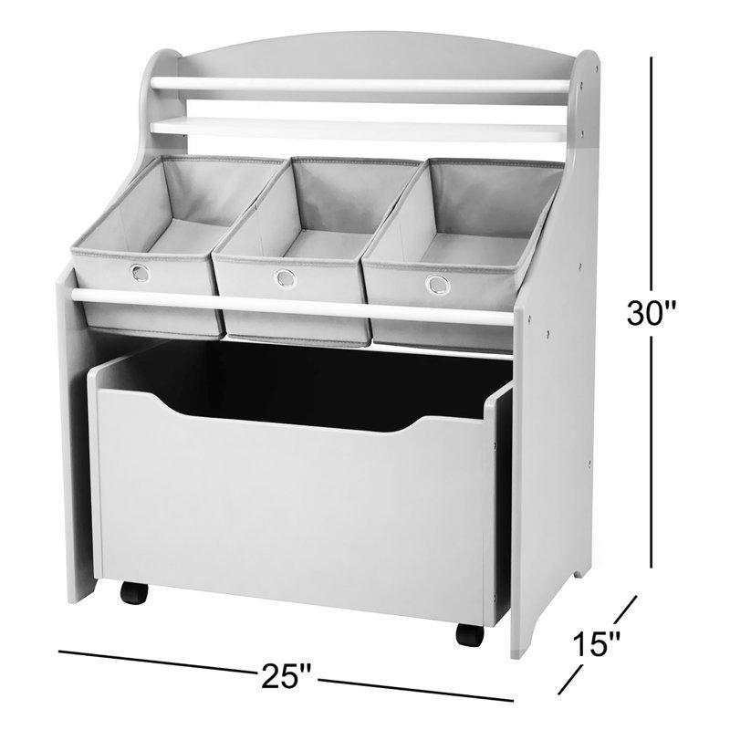 Ahşap 3 Kumaş Sepetli Raflı Tekerlekli Oyuncak Dolabı - 150156